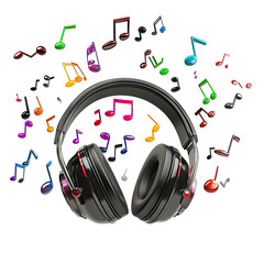 Headphones surrounded by colorful musical notes