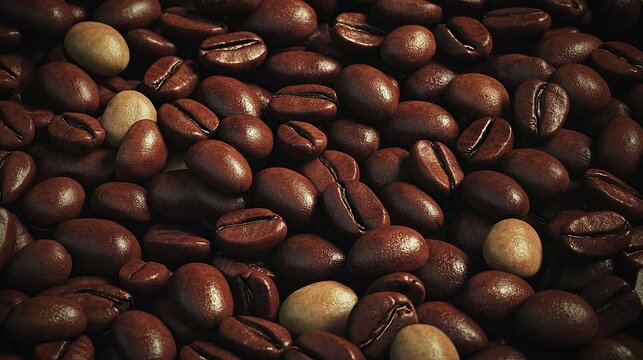 Dense background of assorted coffee beans displaying rich textures and varying dark brown roasting shades, creating a detailed and high-quality pattern for premium stock photography.
