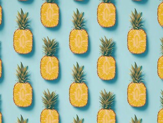 Seamless pattern of bright golden pineapples with intricate textures on pastel blue background, minimalistic high-definition design with large empty space for modern decor concepts.