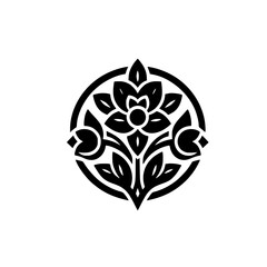 Elegant Floral Emblem, Black and White, Circular Design