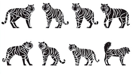Eight tigers in black and white for design elements in books and education material