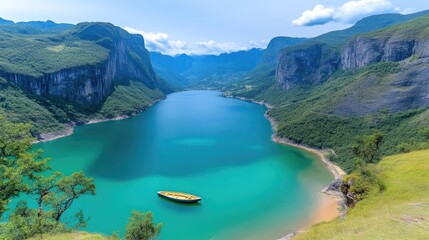 Obraz premium Scenic mountain lake with turquoise water and a lone boat. Lush green mountains frame the tranquil waters