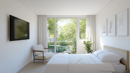Modern bedroom with garden view, bright and airy