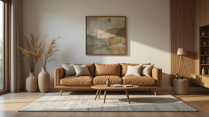 Cozy minimalistic living room with wooden sofa and decorative vase for serene interiors