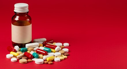 Represent pharmaceutical themes discuss drug related topics stock photo showing assortment medicine pills tablets capsules spilled from bottle onto plain red offering copy space