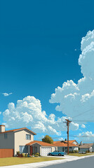 Fototapeta premium Idyllic Suburban Neighborhood with Colorful Homes Under Vibrant Blue Sky