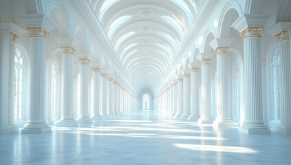 Grand, sunlit colonnaded hall with high ceilings.