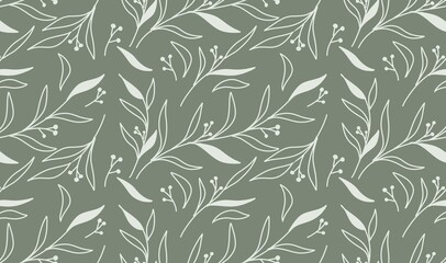 Fototapeta premium Pastel colored abstract brush drawn leaves and branches seamless pattern. Organic abstract shapes floral background. Freehand botanical doodle wallpaper