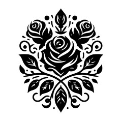 Black & White Rose Floral Ornament, Vector Illustration