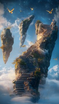 A dreamlike staircase leading to the sky, floating islands drifting in the background as golden birds soar between them