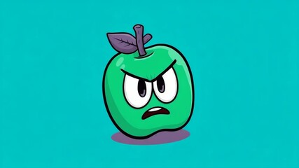 An angry green cartoon apple with furrowed brows, standing on a teal background. Digitally drawn, with dark outlines and a single leaf. - Powered by Adobe