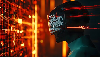 Over-the-shoulder shot of a hacker infiltrating a futuristic megacorp, glowing data streams flowing across their visor. Cinematic cyberpunk heist