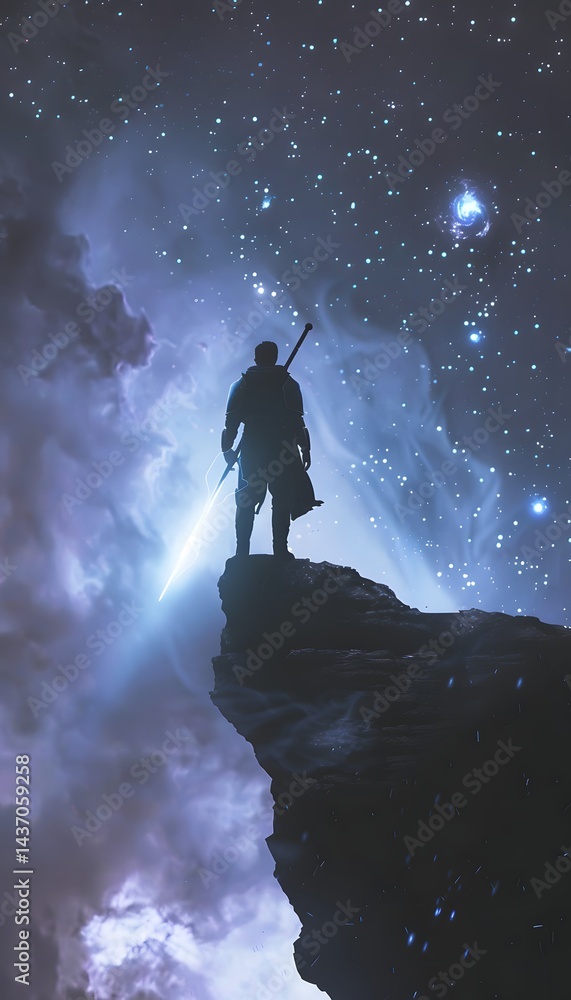 Poster silhouette shot of a mystic warrior standing at the edge of a collapsing universe, wielding a blade 