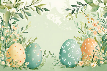 Colorful decorated eggs surrounded by blooming flowers and greenery in a serene spring setting