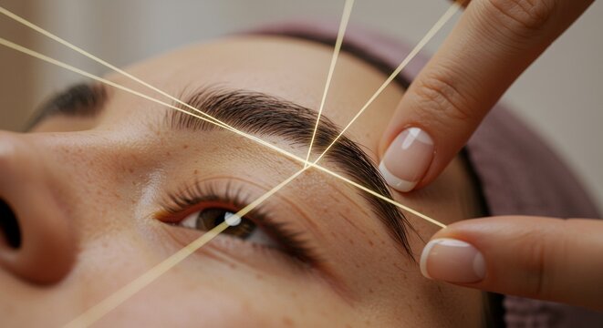 Close Up of Woman's Face During Eyebrow Threading with Luminous Thread Featuring Detailed Skincare and Beauty Treatment