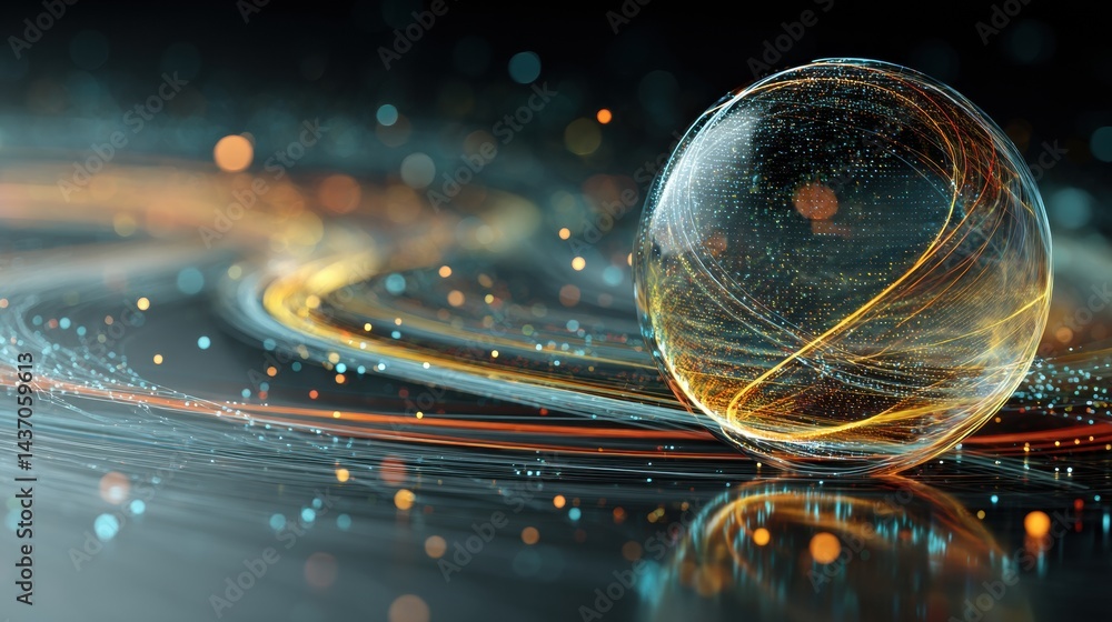 Poster Floating AI Orb Generating an Energy Field With Swirling Data Patterns at a Futuristic Digital Landscape