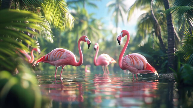 calm scene of group of flamingos wading in shallow water surrounded by lush greenery and tropical plants, creating serene atmosphere - Powered by Adobe