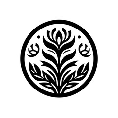 Elegant Floral Emblem: Black & White Botanical Circle Design
