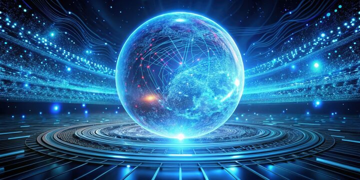 Futuristic glowing orb representing global network connectivity on a technological platform