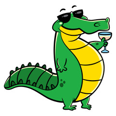 Funny Saltwater crocodiles cartoon characters drinking cocktails at the beach. Best for sticker, logo, and mascot with summer themes