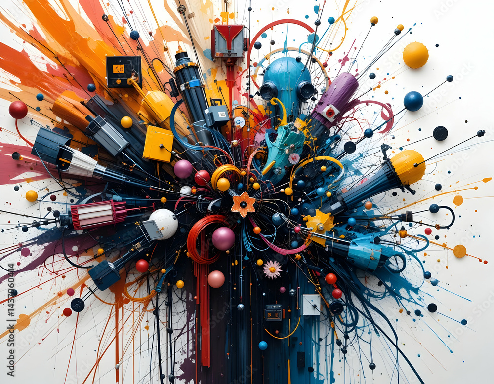 Poster abstract art explosion with geometric shapes and colorful splashes