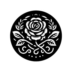 Black and White Rose Emblem Design: Floral Circle Illustration