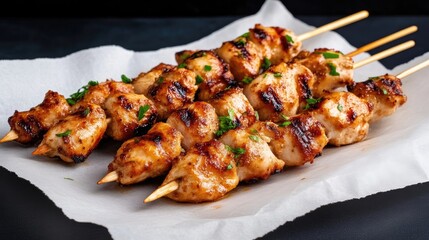 Juicy grilled chicken skewers on wooden sticks with herbs, close-up shot on white paper background, appetizing and savory, and perfect for barbecue meal.