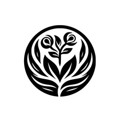 Circular Floral Emblem: Elegant Black & White Nature Design