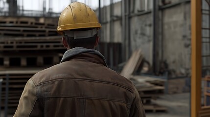 Fototapeta premium Worker in Industrial Setting Wearing Hard Hat