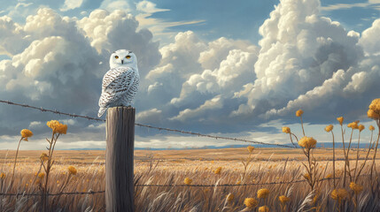 tranquil moment of snowy owl perched on fence, surrounded by golden grasses and dramatic clouds, evokes sense of peace and nature beauty
