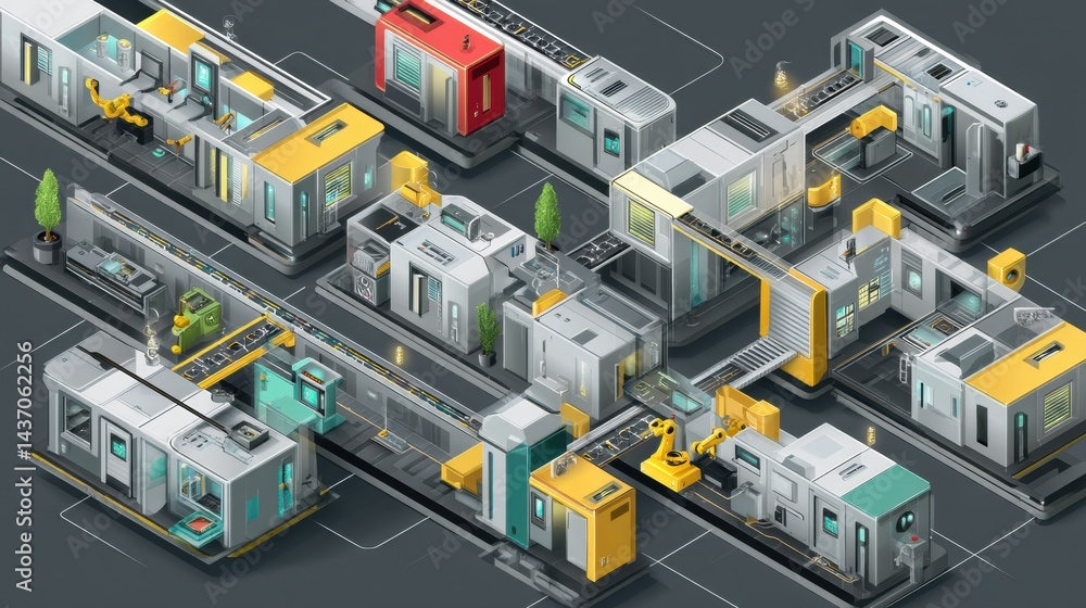 Aufkleber futuristic isometric factory with robotic automation systems operating efficiently in a high-tech en