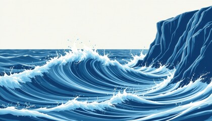 Flat design depiction of ocean waves swept by the wind at the edge of a cliff in monochromatic blue