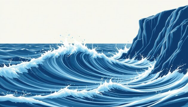 Flat design depiction of ocean waves swept by the wind at the edge of a cliff in monochromatic blue