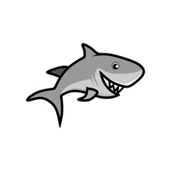 A cute and simple cartoon illustration of a shark. The shark is gray with a lighter gray underbelly and white teeth outlined in black
