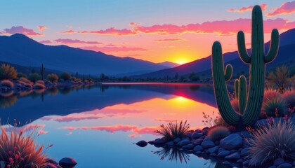 Flat design depiction of desert cactus reflected in water beside a calm lake with neon accents