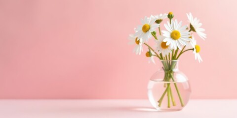 Fototapeta premium A delicate bouquet of white daisies arranged in a clear glass vase against a soft pink background.