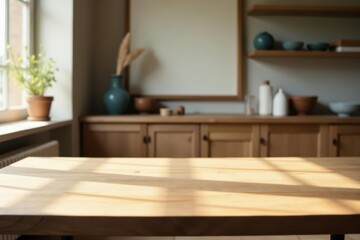 Sunlight Illuminates a Rustic Wooden Tabletop in a Calm Kitchen Setting