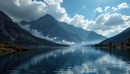 Fototapeta premium Surreal fantasy depiction of mountain landscape hidden in the shadows beside a calm lake with deep contrasting shadows