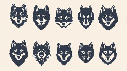Fototapeta premium Ten wolf head silhouettes; design elements; neutral background; graphic design