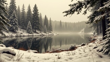 Cyberpunk style depiction of pine forest covered in snow beside a calm lake in sepia tones