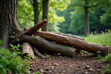Obraz premium Rustic Wooden Logs Resting Gently Against a Tree Trunk in a Serene Forest Setting