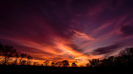 A beautiful sunset with a purple sky and clouds