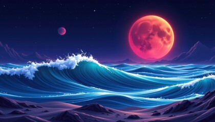 Fototapeta premium Flat design depiction of ocean waves under a starry sky on an alien planet with deep contrasting shadows