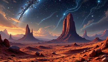Surreal fantasy depiction of volcanic rock formations under a starry sky on an alien planet in warm earthy tones