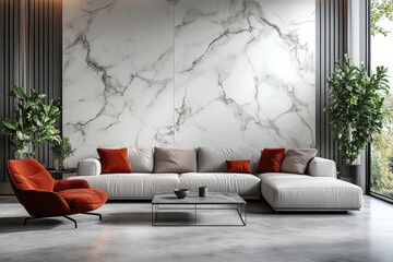 Modern living room with a marble wall and comfortable seating.