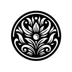 Ornate Floral Emblem: Black and White Circular Design