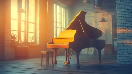 Grand piano in sunlit room