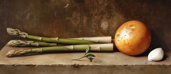 Elegant Still Life with Asparagus, Onion, and Garlic against a Textured Backdrop