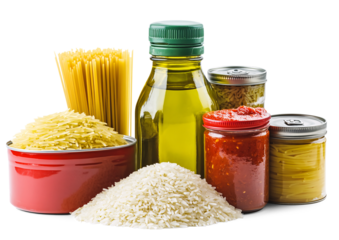 Glass Jars with Pasta, Bottled Sauce, Cooking Oil, Dry Goods Storage, Food Donation Drive, Pantry Essentials, Isolated Transparent Background

