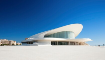 Modern, white architectural building, sunny day